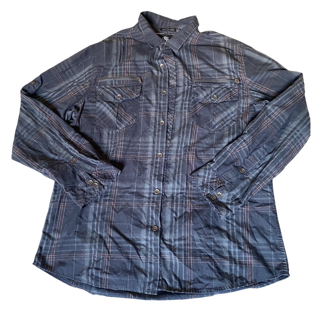 Rock & Republic Mens Plaid Button Down Shirt Grey Blue Zipper Pockets Large